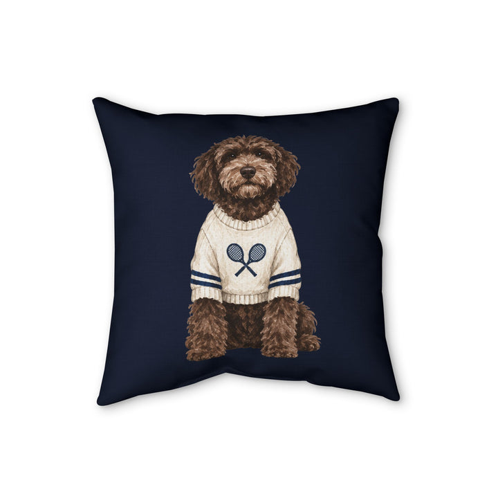 Navy Dog in Tennis Sweater Faux Linen Pillow — Cute Labradoodle Decor