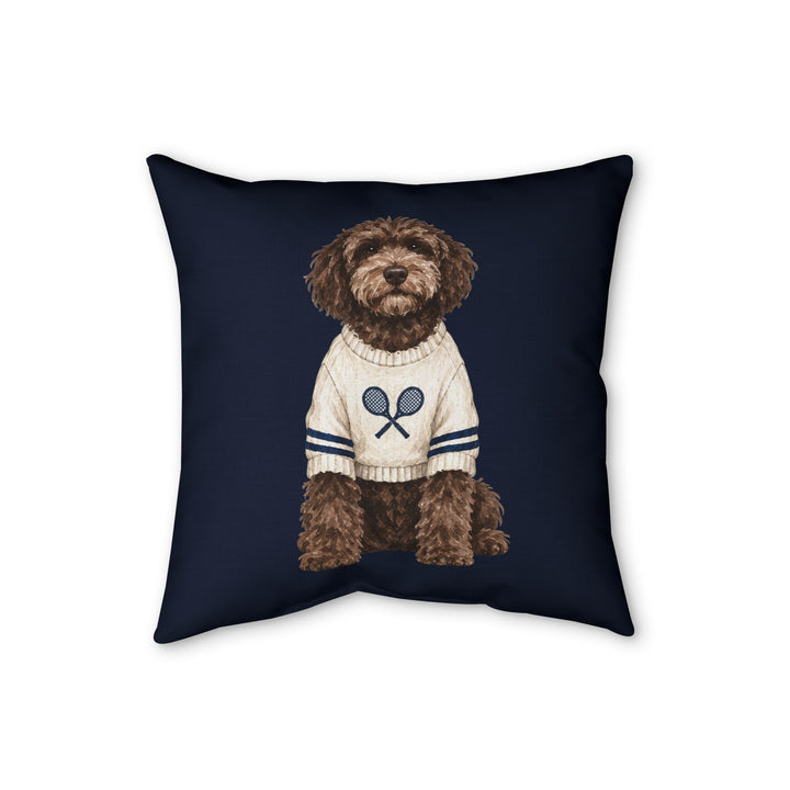 Navy Dog in Tennis Sweater Faux Linen Pillow — Cute Labradoodle Decor