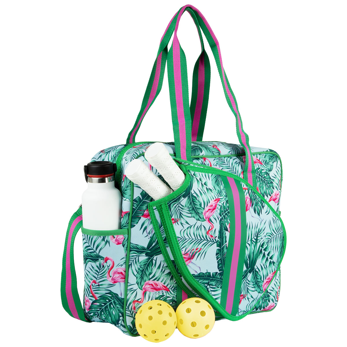 Green and Pink Flamingo Pickleball Bag with Built-in Fence Hook