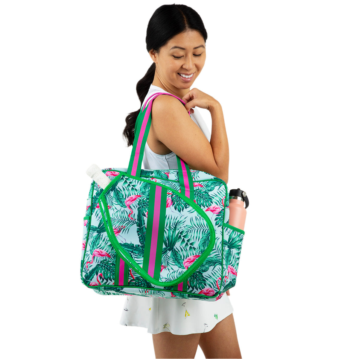 Green and Pink Flamingo Pickleball Bag with Built-in Fence Hook