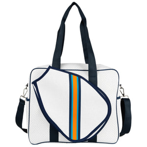 White and Navy stripe print Pickleball Bag with fence hook
