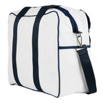 Load image into Gallery viewer, White and Navy stripe print Pickleball Bag with fence hook
