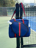 Load image into Gallery viewer, Navy and Red Pickleball Bag with built in fence hook | Padel Bag | Queen of the Court Bag | High Fashion Neoprene Stripe Athletic Bag
