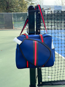 Navy and Red Pickleball Bag with built in fence hook | Padel Bag | Queen of the Court Bag | High Fashion Neoprene Stripe Athletic Bag