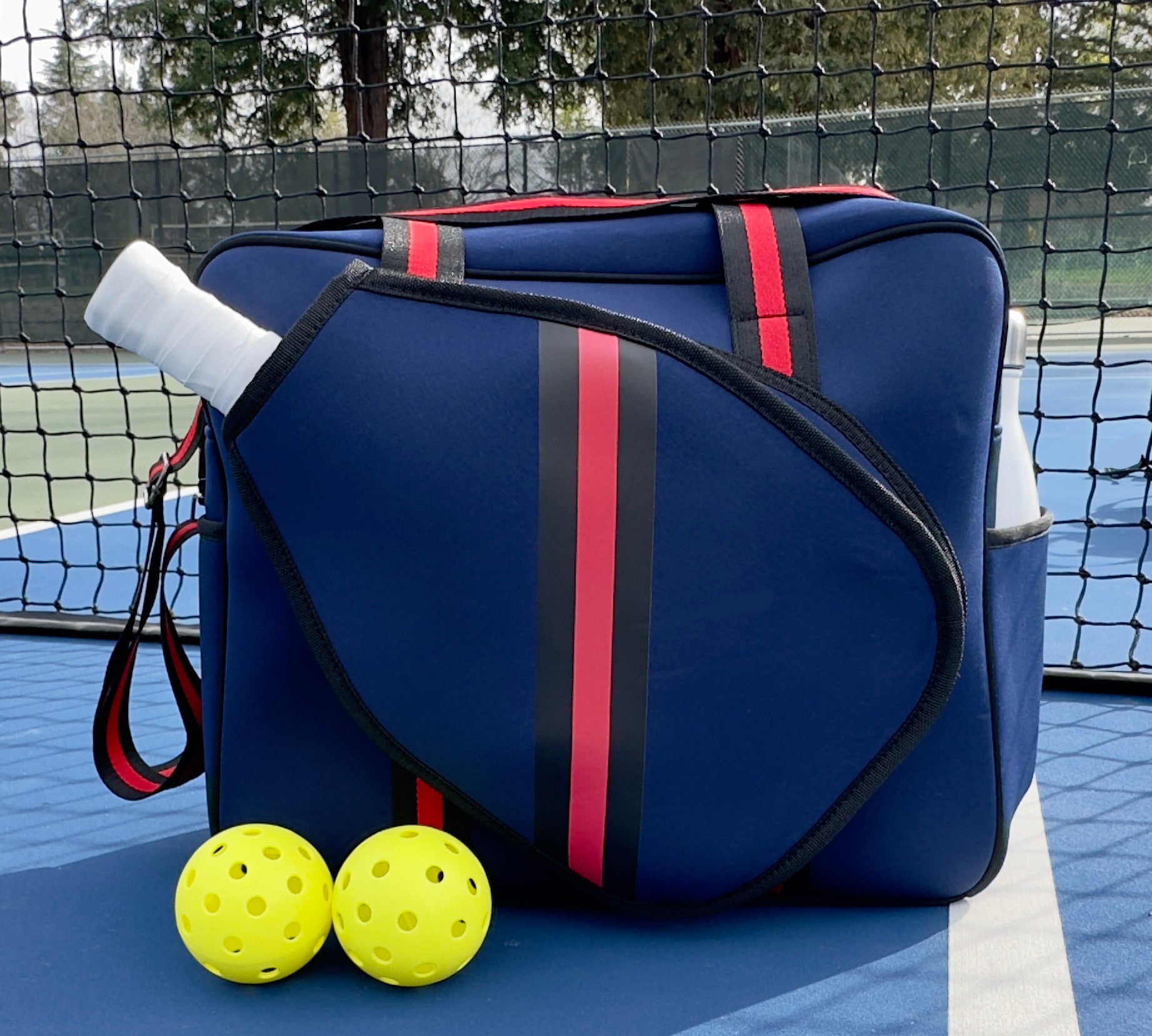 Navy and Red Pickleball Bag with built in fence hook | Padel Bag | Queen of the Court Bag | High Fashion Neoprene Stripe Athletic Bag