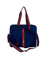 Load image into Gallery viewer, Navy and Red Pickleball Bag with built in fence hook | Padel Bag | Queen of the Court Bag | High Fashion Neoprene Stripe Athletic Bag
