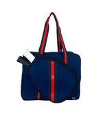 Load image into Gallery viewer, Navy and Red Pickleball Bag with built in fence hook | Padel Bag | Queen of the Court Bag | High Fashion Neoprene Stripe Athletic Bag
